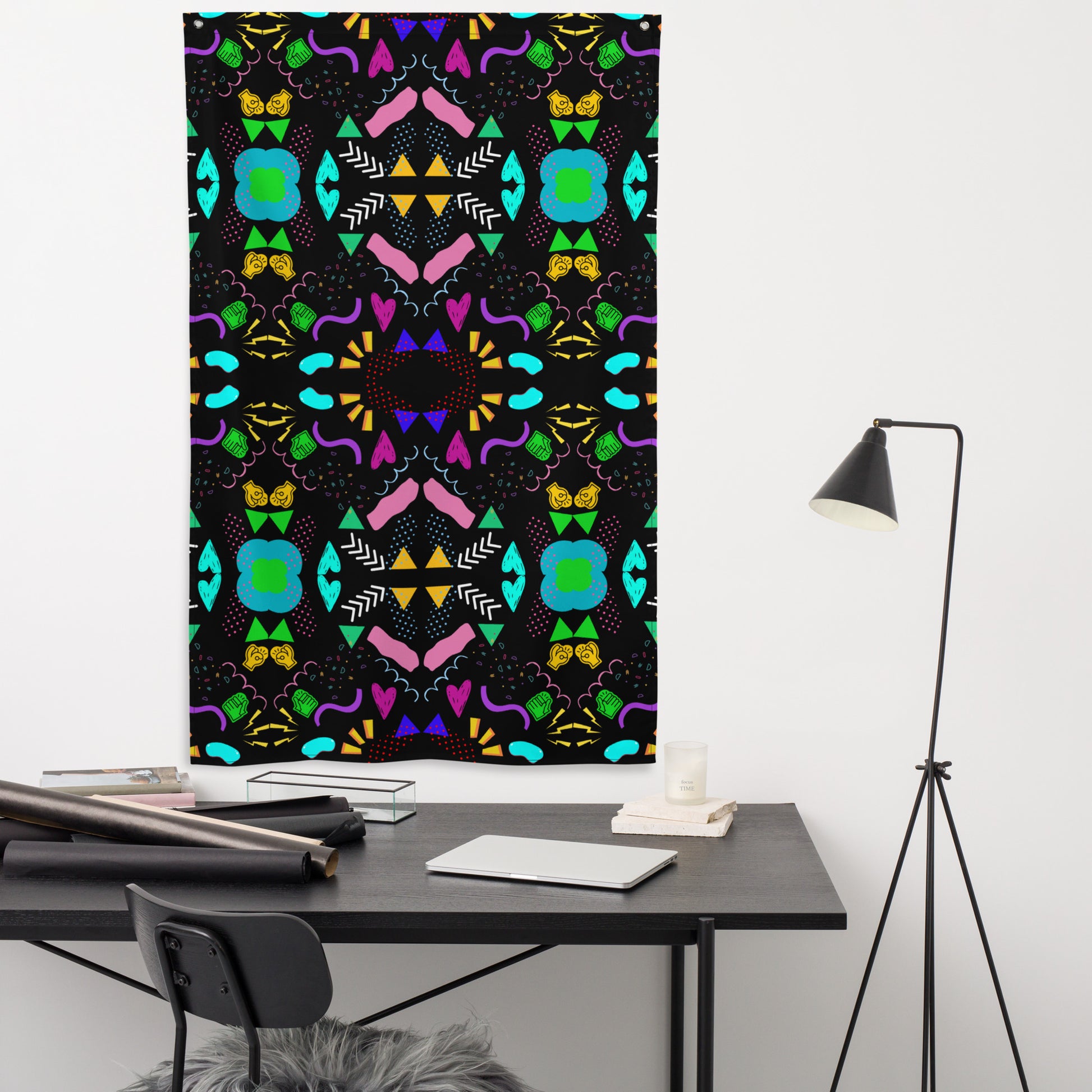 Hipyfi Pop Art Geometric Retro Flag with Colorful Abstract 80s Design on Black Background Front-6