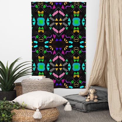 Hipyfi Pop Art Geometric Retro Flag with Colorful Abstract 80s Design on Black Background Front-4
