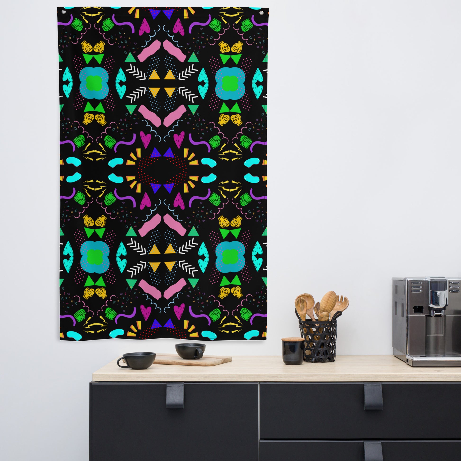 Hipyfi Pop Art Geometric Retro Flag with Colorful Abstract 80s Design on Black Background Front-5