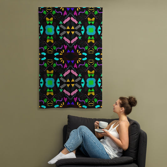Hipyfi Pop Art Geometric Retro Flag with Colorful Abstract 80s Design on Black Background Front