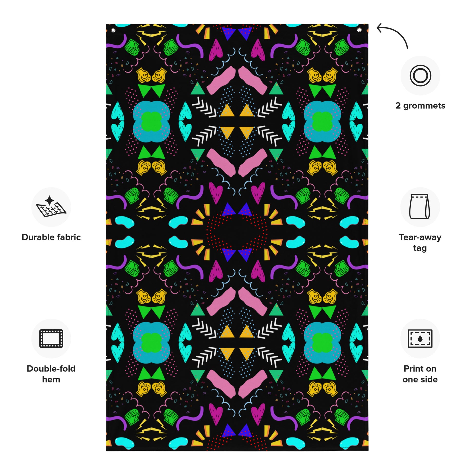 Hipyfi Pop Art Geometric Retro Flag with Colorful Abstract 80s Design on Black Background Product-info
