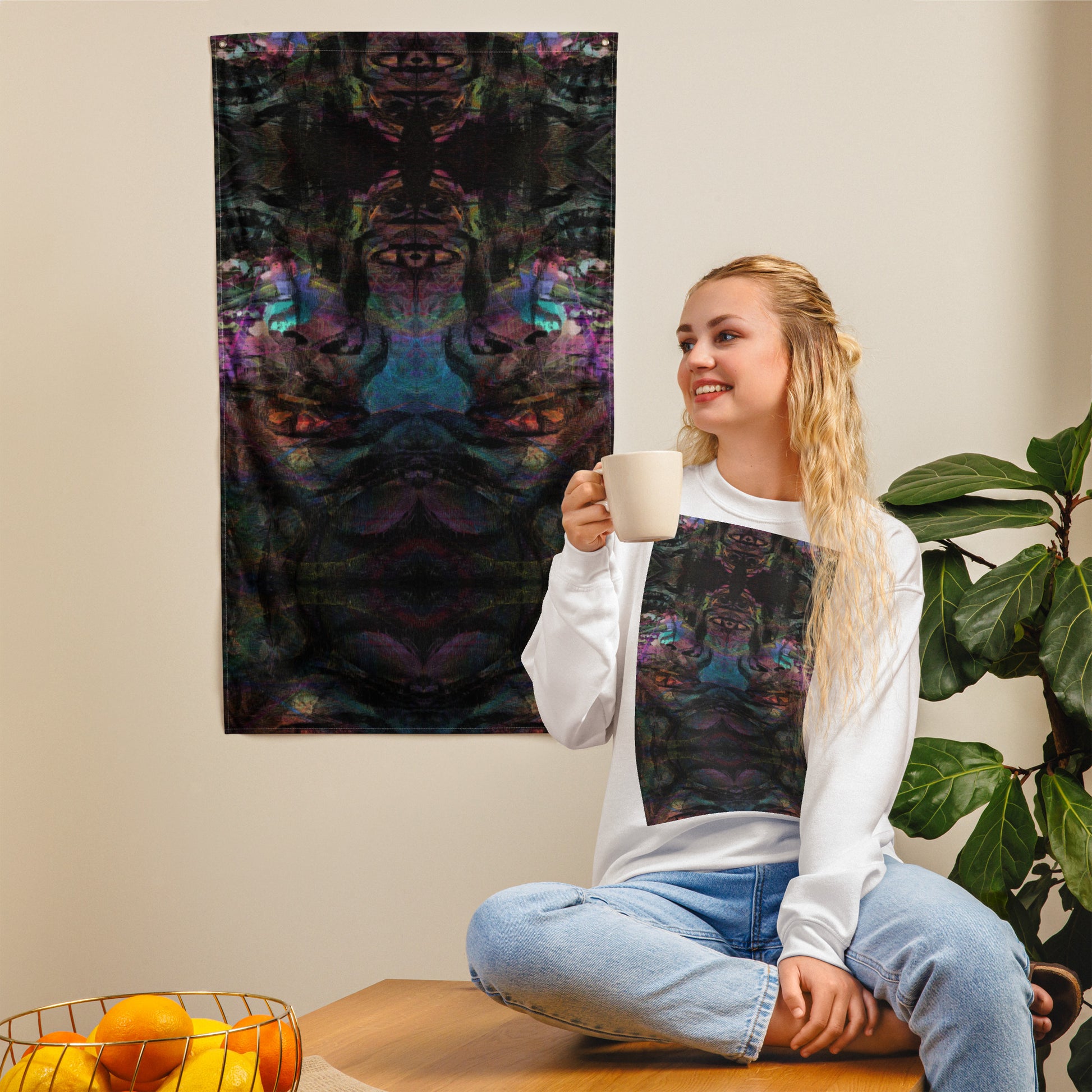 Hipyfi Chromatic Dreams Art Flag: Vibrant abstract wall decor with bold brushstrokes designed for modern interiors or festival spaces. front