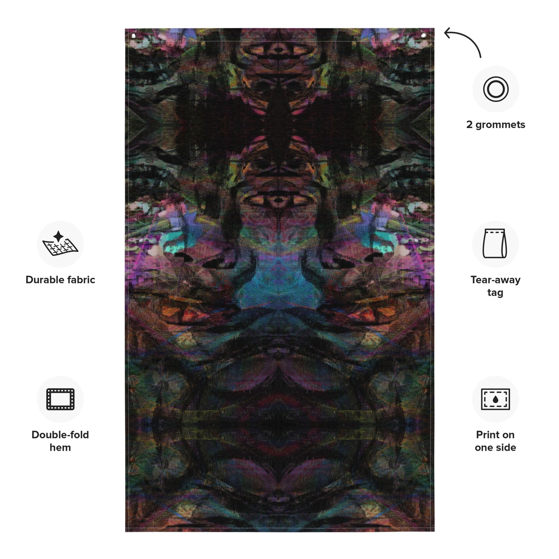 Hipyfi Chromatic Dreams Art Flag: Vibrant abstract wall decor with bold brushstrokes designed for modern interiors or festival spaces. product-info