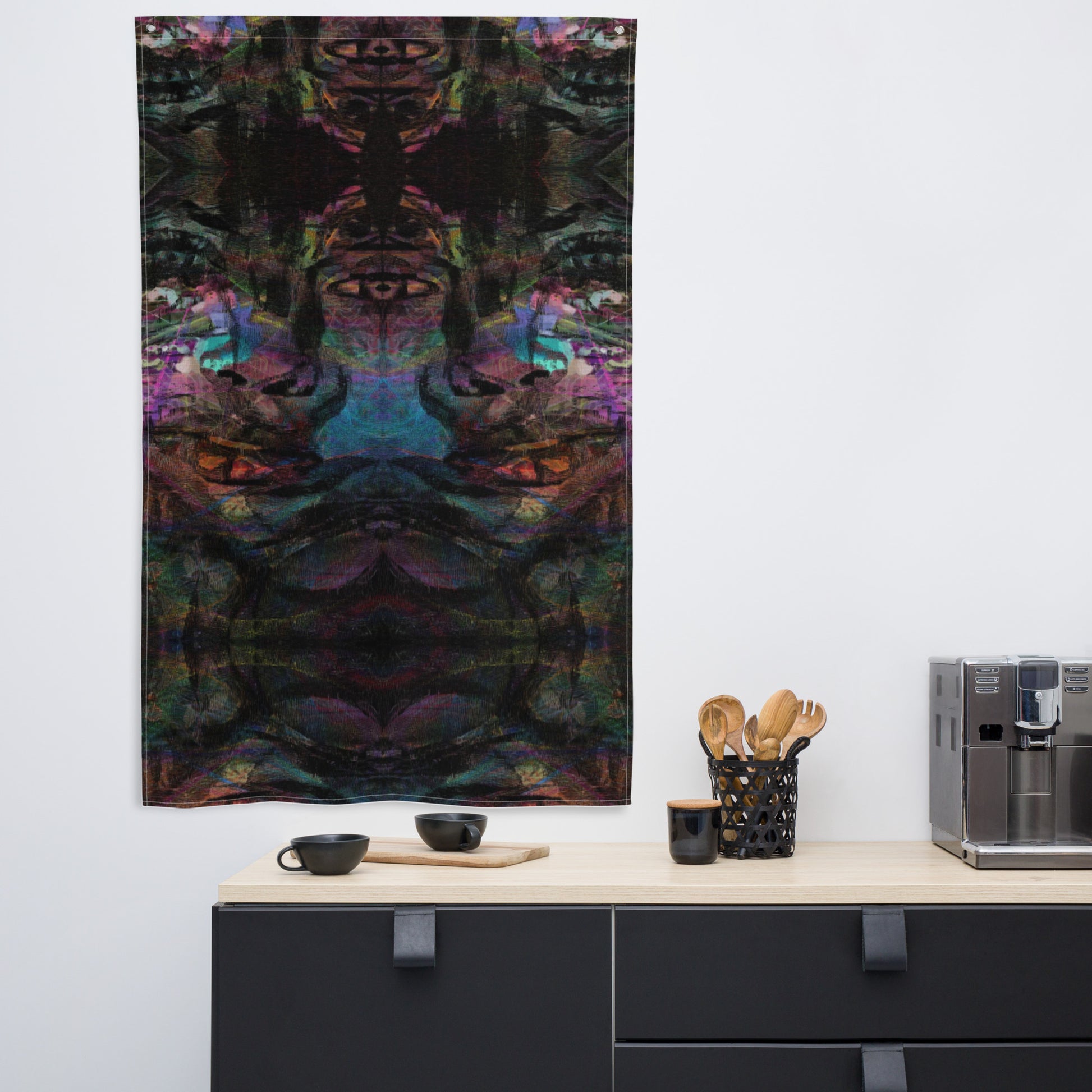 Hipyfi Chromatic Dreams Art Flag: Vibrant abstract wall decor with bold brushstrokes designed for modern interiors or festival spaces. front-5