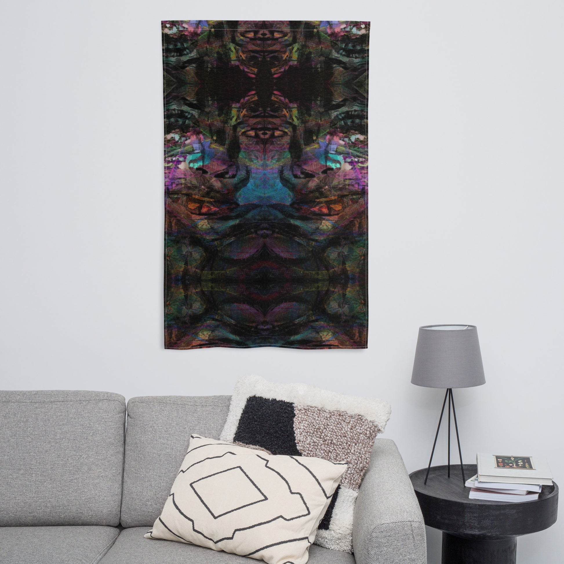 Hipyfi Chromatic Dreams Art Flag: Vibrant abstract wall decor with bold brushstrokes designed for modern interiors or festival spaces. front-9