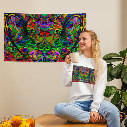 Abstract neon art flag with vibrant jagged shapes and bold black heart brushstroke on polyester fabric by Hipyfi Clothes & Design Front