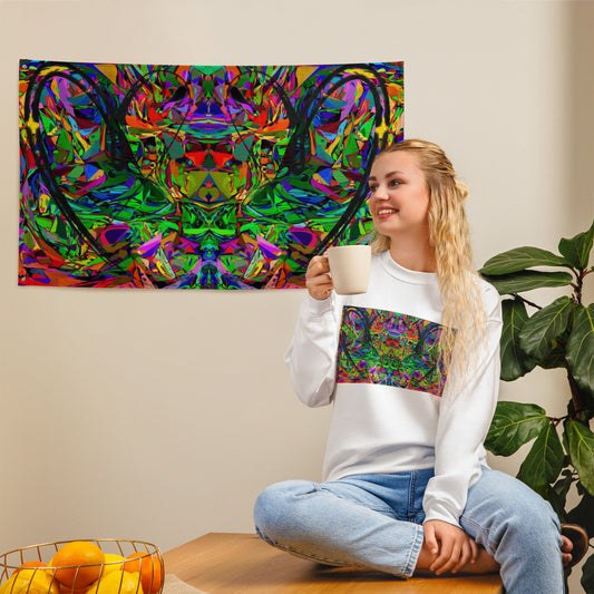 Abstract neon art flag with vibrant jagged shapes and bold black heart brushstroke on polyester fabric by Hipyfi Clothes & Design Front