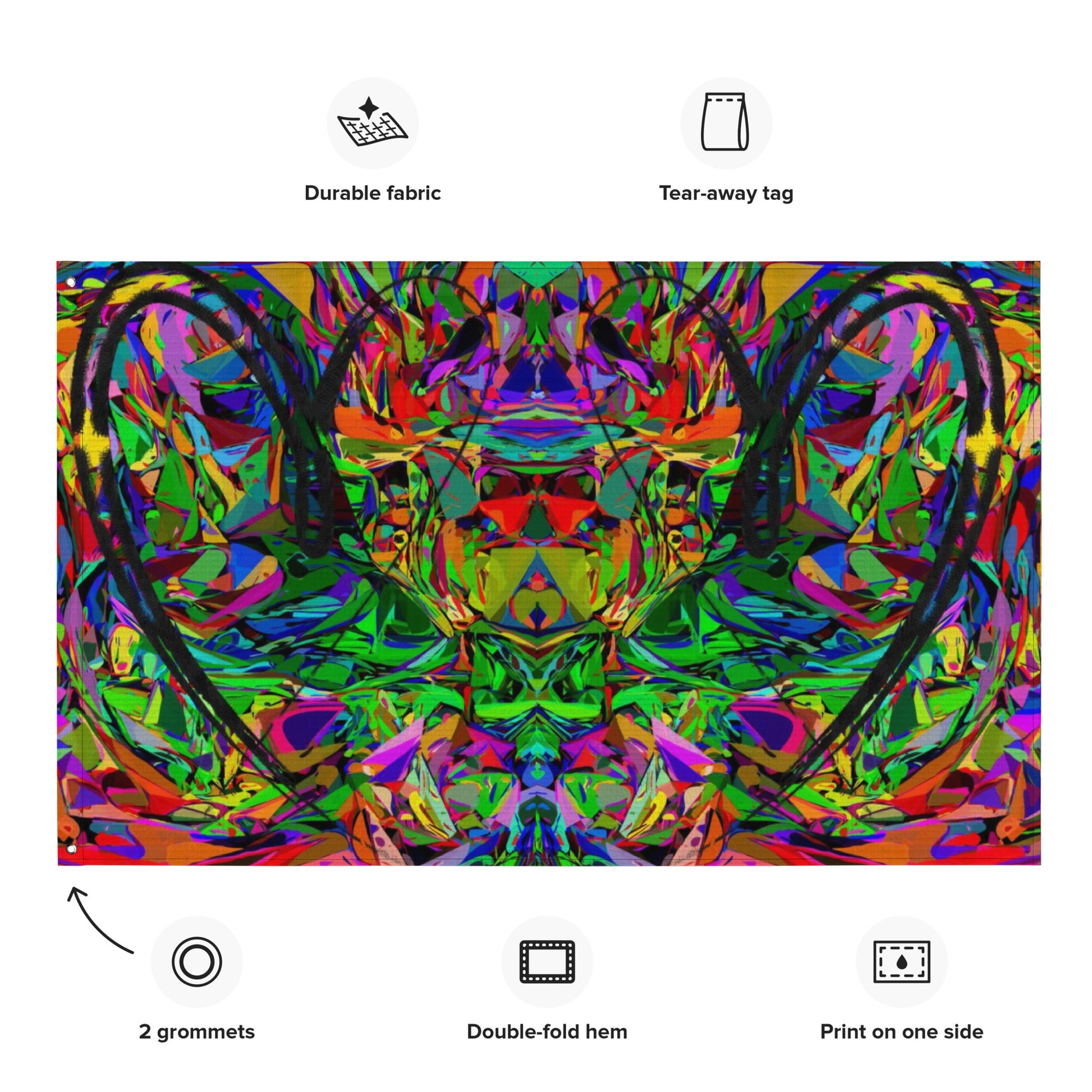 Abstract neon art flag with vibrant jagged shapes and bold black heart brushstroke on polyester fabric by Hipyfi Clothes & Design Product-info