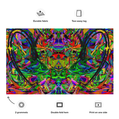 Abstract neon art flag with vibrant jagged shapes and bold black heart brushstroke on polyester fabric by Hipyfi Clothes & Design Product-info