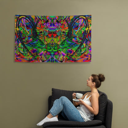 Abstract neon art flag with vibrant jagged shapes and bold black heart brushstroke on polyester fabric by Hipyfi Clothes & Design Front-2