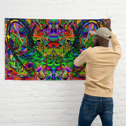 Abstract neon art flag with vibrant jagged shapes and bold black heart brushstroke on polyester fabric by Hipyfi Clothes & Design Front-3