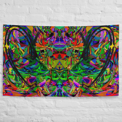 Abstract neon art flag with vibrant jagged shapes and bold black heart brushstroke on polyester fabric by Hipyfi Clothes & Design Front-4