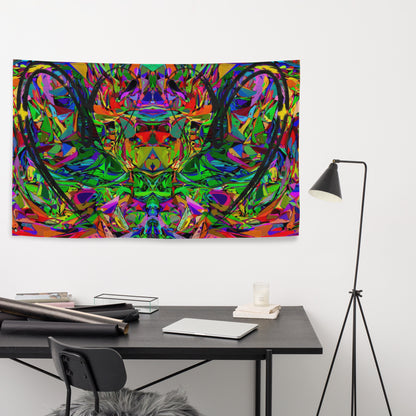 Abstract neon art flag with vibrant jagged shapes and bold black heart brushstroke on polyester fabric by Hipyfi Clothes & Design Front-5