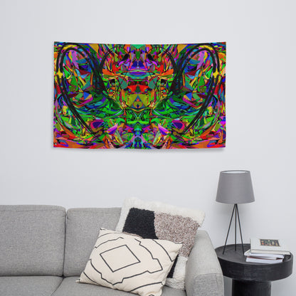 Abstract neon art flag with vibrant jagged shapes and bold black heart brushstroke on polyester fabric by Hipyfi Clothes & Design Front-6