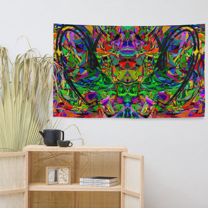 Abstract neon art flag with vibrant jagged shapes and bold black heart brushstroke on polyester fabric by Hipyfi Clothes & Design Front-7