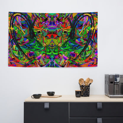 Abstract neon art flag with vibrant jagged shapes and bold black heart brushstroke on polyester fabric by Hipyfi Clothes & Design Front-8