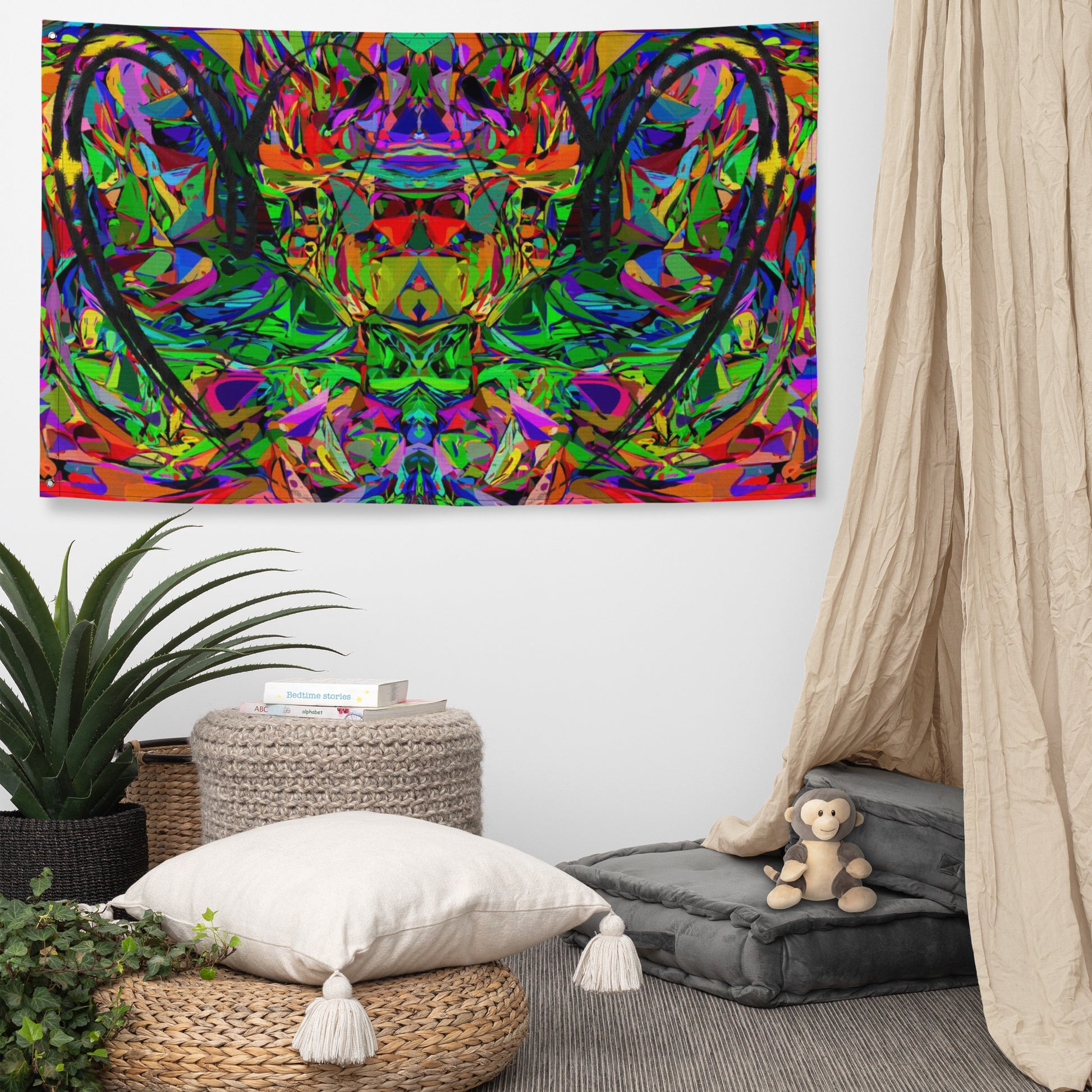 Abstract neon art flag with vibrant jagged shapes and bold black heart brushstroke on polyester fabric by Hipyfi Clothes & Design Front-9