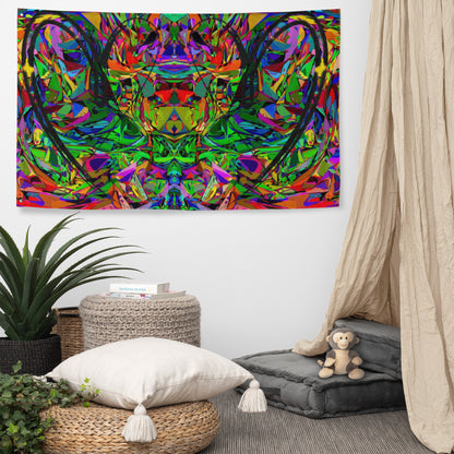 Abstract neon art flag with vibrant jagged shapes and bold black heart brushstroke on polyester fabric by Hipyfi Clothes & Design Front-9