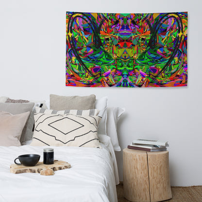Abstract neon art flag with vibrant jagged shapes and bold black heart brushstroke on polyester fabric by Hipyfi Clothes & Design Front-10