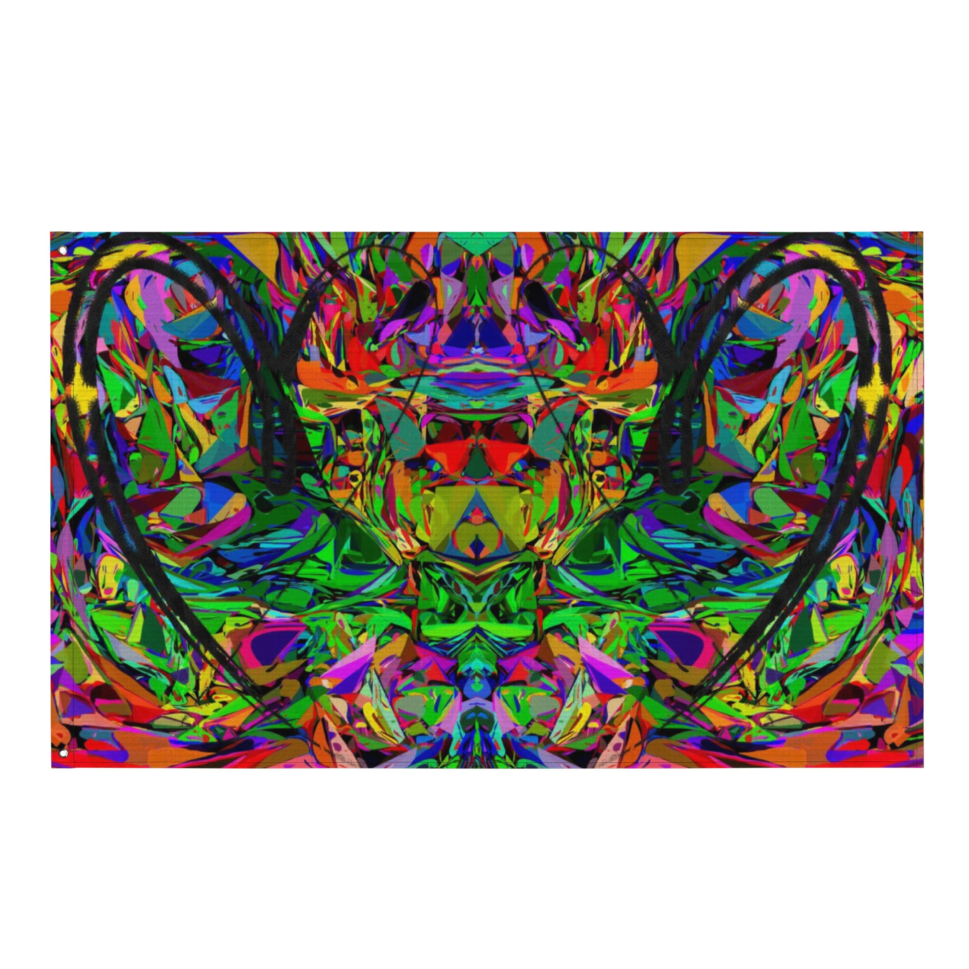 Abstract neon art flag with vibrant jagged shapes and bold black heart brushstroke on polyester fabric by Hipyfi Clothes & Design Front-11