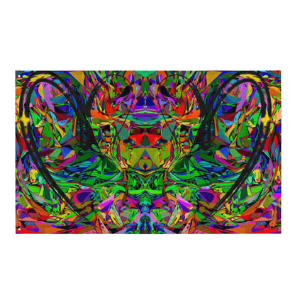 Abstract neon art flag with vibrant jagged shapes and bold black heart brushstroke on polyester fabric by Hipyfi Clothes & Design Front-11