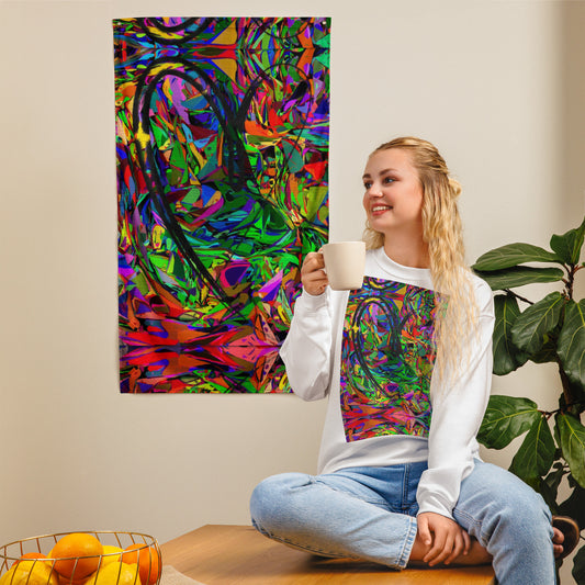 Vibrant abstract neon flag with bold colors, featuring a central black heart-shaped brushstroke, perfect for modern wall décor by Hipyfi. Front