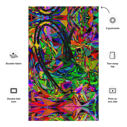 Vibrant abstract neon flag with bold colors, featuring a central black heart-shaped brushstroke, perfect for modern wall décor by Hipyfi. Product-info