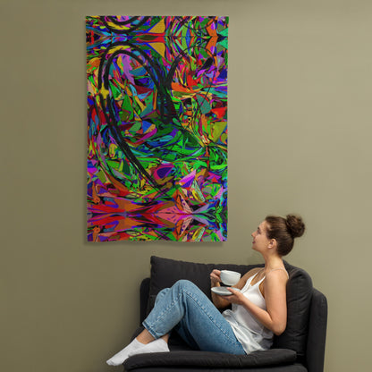 Vibrant abstract neon flag with bold colors, featuring a central black heart-shaped brushstroke, perfect for modern wall décor by Hipyfi. Front-2