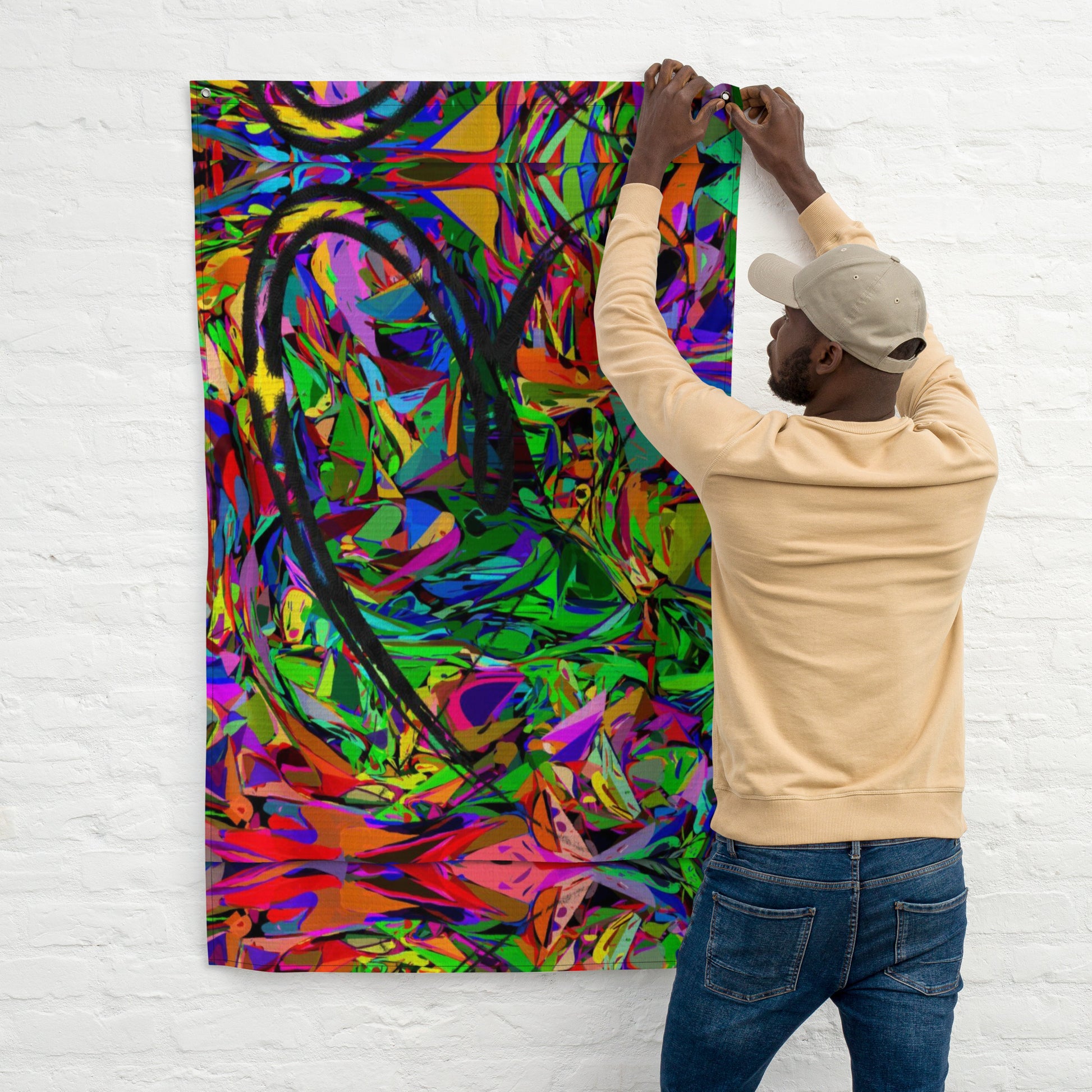 Vibrant abstract neon flag with bold colors, featuring a central black heart-shaped brushstroke, perfect for modern wall décor by Hipyfi. Front-3