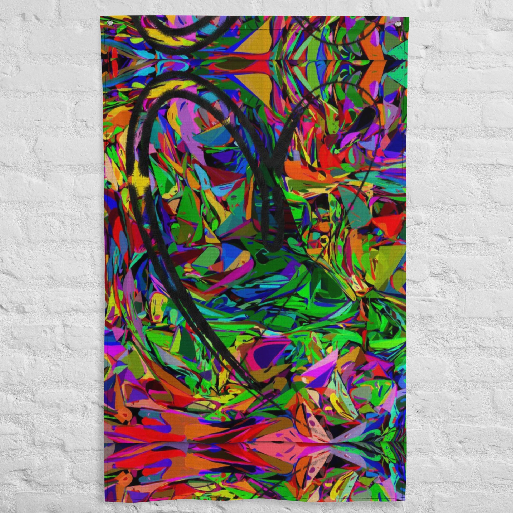 Vibrant abstract neon flag with bold colors, featuring a central black heart-shaped brushstroke, perfect for modern wall décor by Hipyfi. Front-4