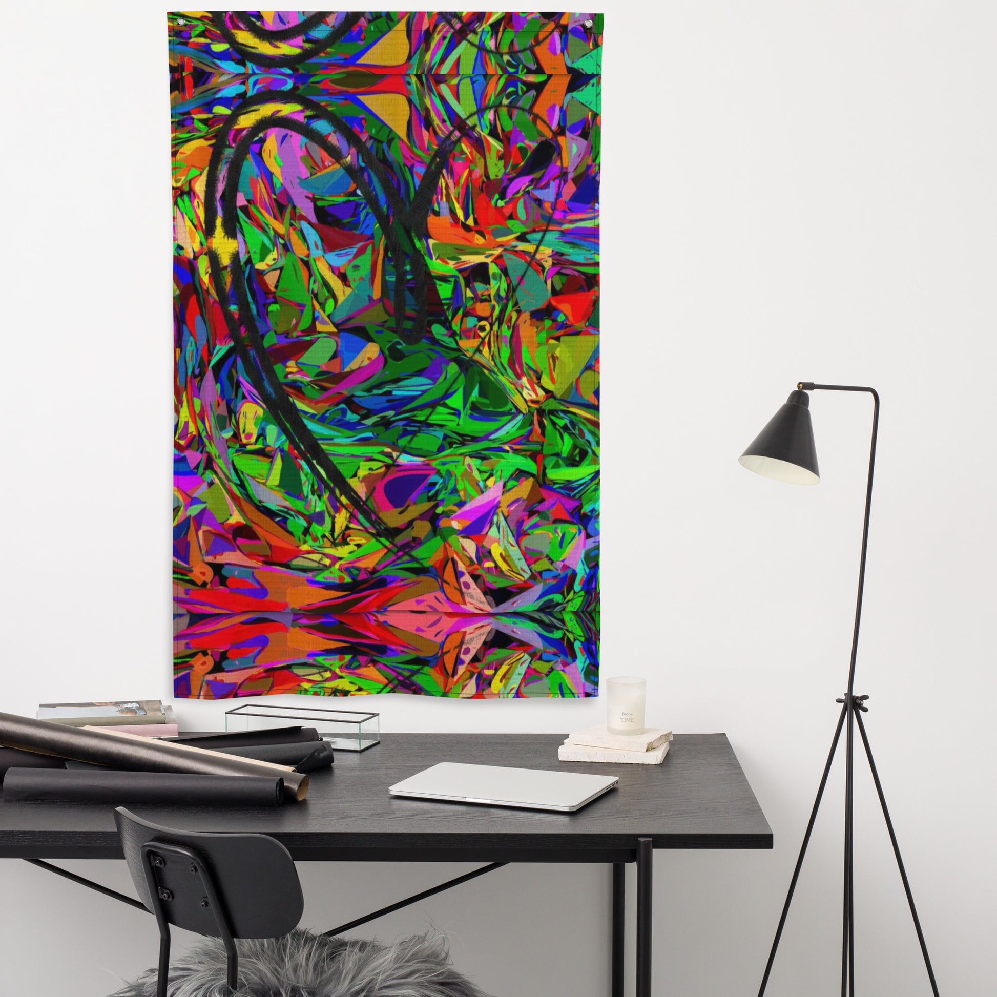 Vibrant abstract neon flag with bold colors, featuring a central black heart-shaped brushstroke, perfect for modern wall décor by Hipyfi. Front-5