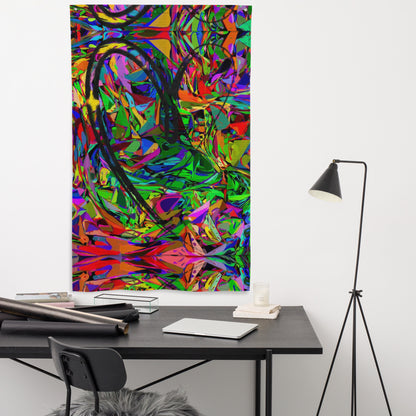 Vibrant abstract neon flag with bold colors, featuring a central black heart-shaped brushstroke, perfect for modern wall décor by Hipyfi. Front-5