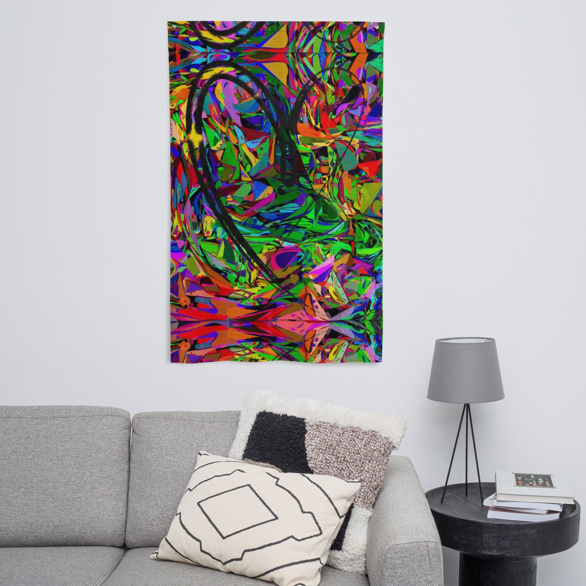 Vibrant abstract neon flag with bold colors, featuring a central black heart-shaped brushstroke, perfect for modern wall décor by Hipyfi. Front-6