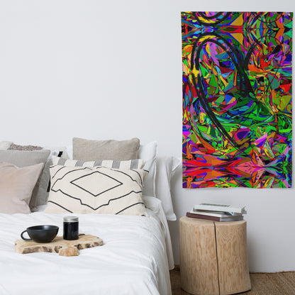 Vibrant abstract neon flag with bold colors, featuring a central black heart-shaped brushstroke, perfect for modern wall décor by Hipyfi. Front-7