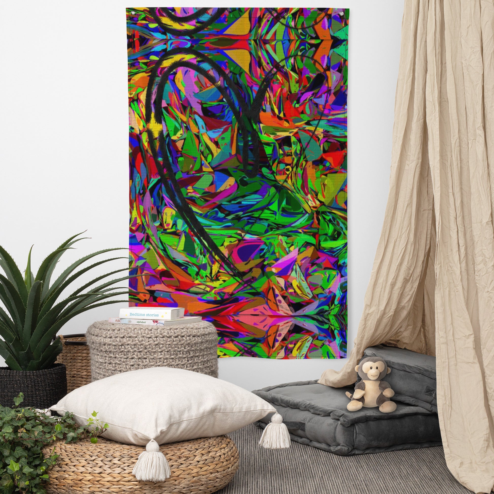 Vibrant abstract neon flag with bold colors, featuring a central black heart-shaped brushstroke, perfect for modern wall décor by Hipyfi. Front-8