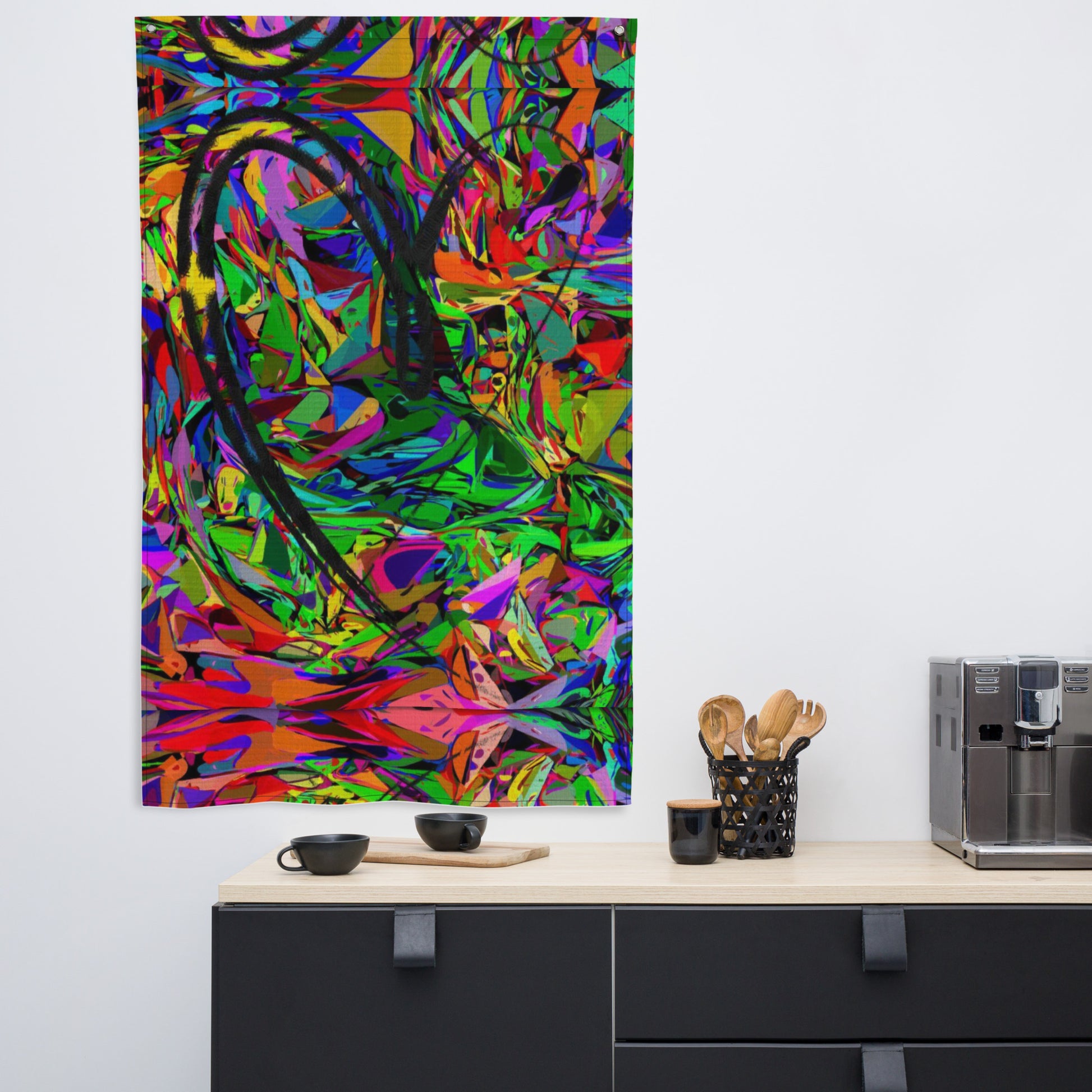 Vibrant abstract neon flag with bold colors, featuring a central black heart-shaped brushstroke, perfect for modern wall décor by Hipyfi. Front-9