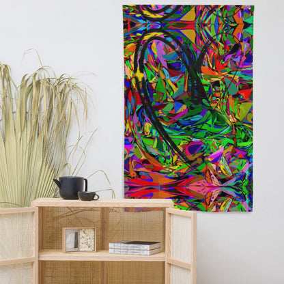Vibrant abstract neon flag with bold colors, featuring a central black heart-shaped brushstroke, perfect for modern wall décor by Hipyfi. Front-10