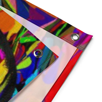 Abstract neon art flag with vibrant jagged shapes and bold black heart brushstroke on polyester fabric by Hipyfi Clothes & Design product-details