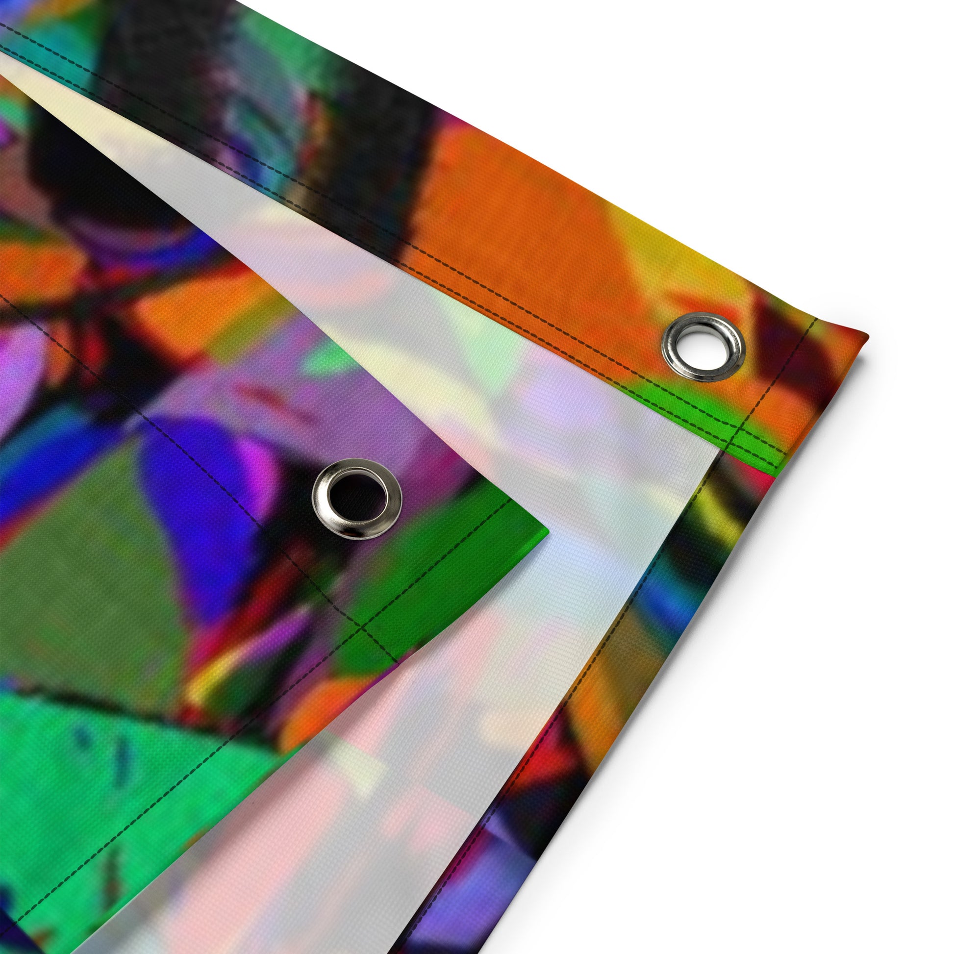 Vibrant abstract neon flag with bold colors, featuring a central black heart-shaped brushstroke, perfect for modern wall décor by Hipyfi. product-details