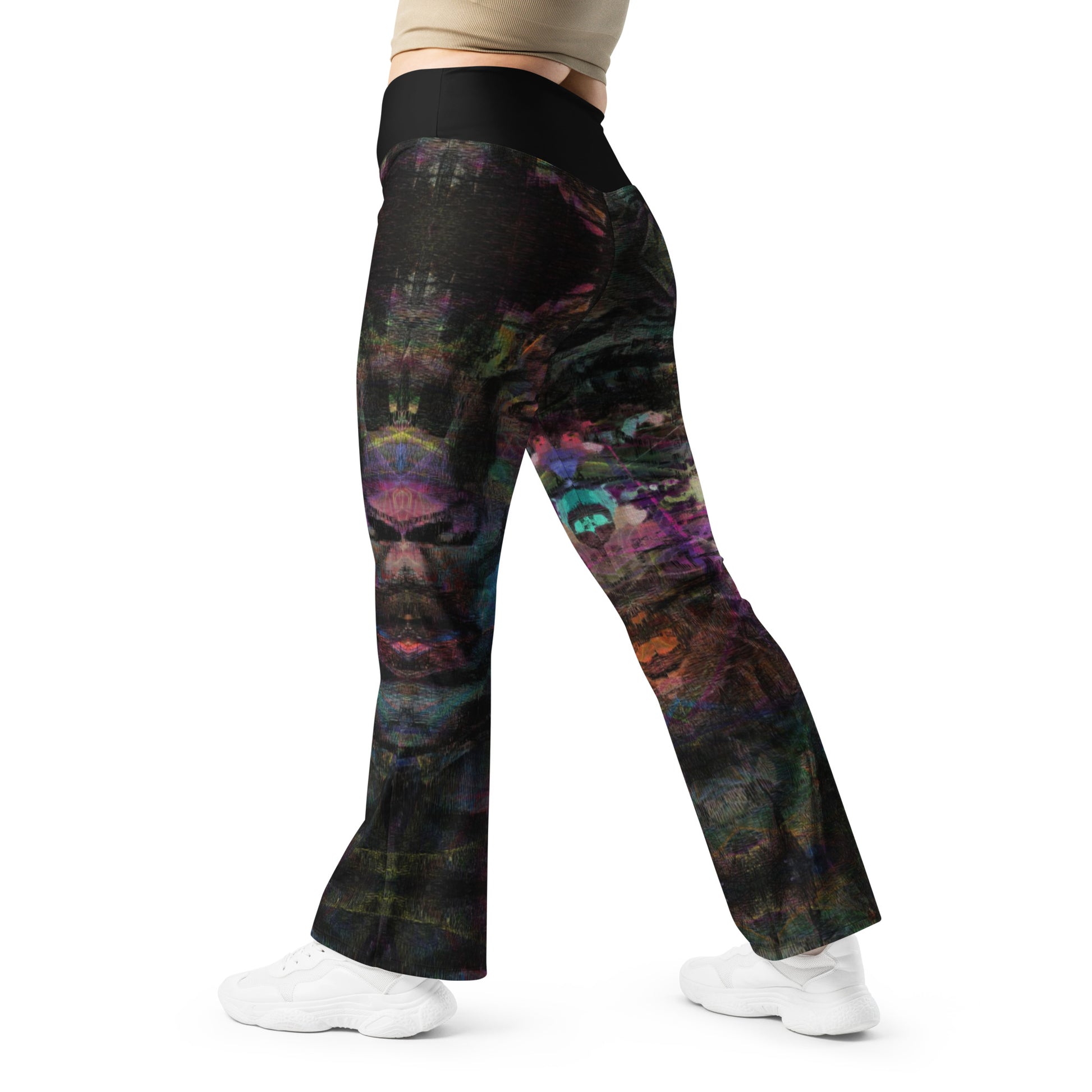 Chromatic Dreams Flare Leggings: high-waisted, vibrant abstract print, recycled fabric. Butt-lifting fit with flared legs and UPF 50+ by Hipyfi. back-4