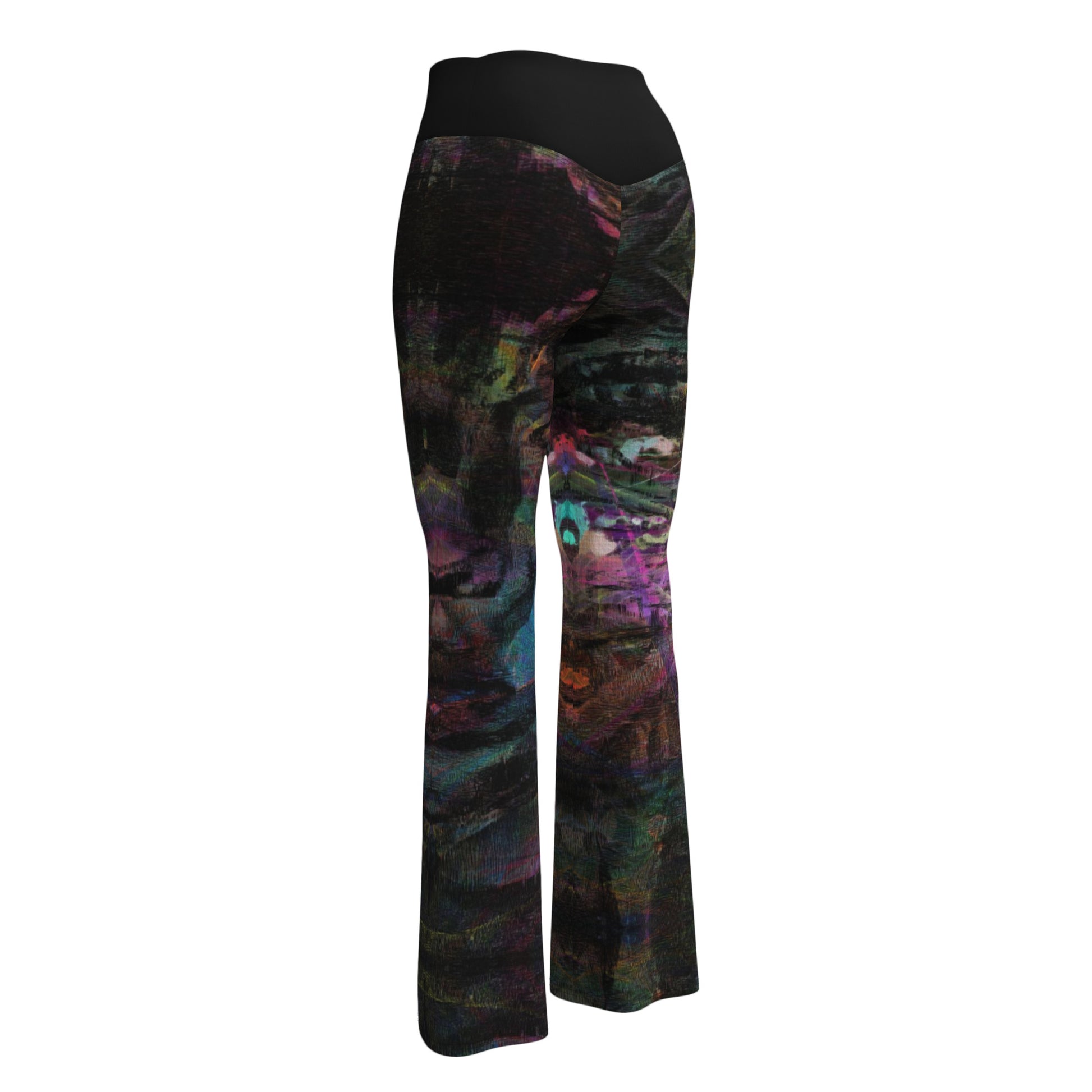 Chromatic Dreams Flare Leggings: high-waisted, vibrant abstract print, recycled fabric. Butt-lifting fit with flared legs and UPF 50+ by Hipyfi. back-5