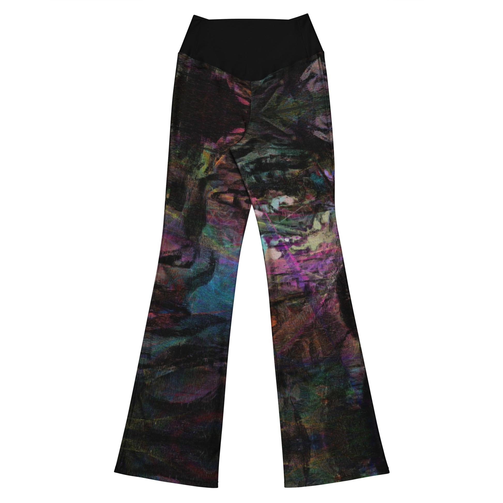 Chromatic Dreams Flare Leggings: high-waisted, vibrant abstract print, recycled fabric. Butt-lifting fit with flared legs and UPF 50+ by Hipyfi. back-6