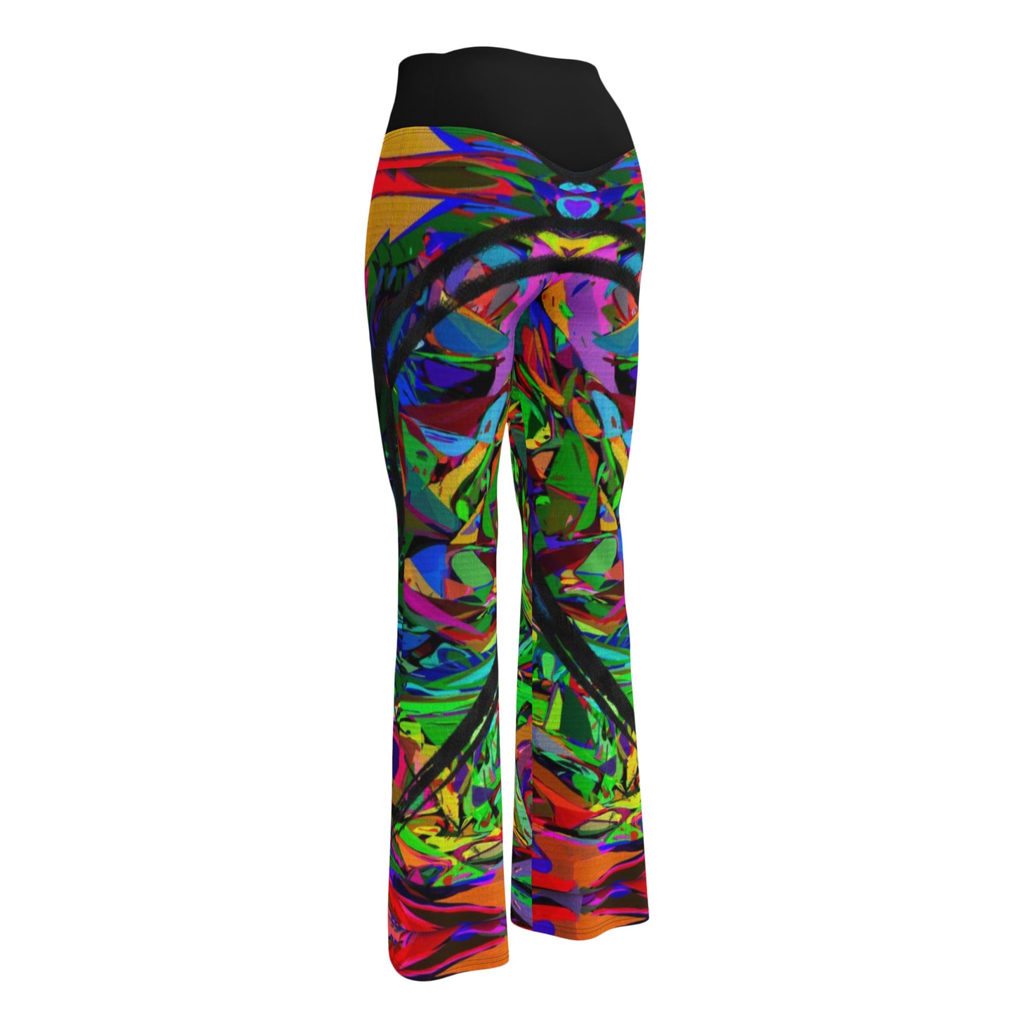Women’s high waisted abstract flare leggings with colorful neon streetwear print – Hipyfi Neon Mythos design. Back-5