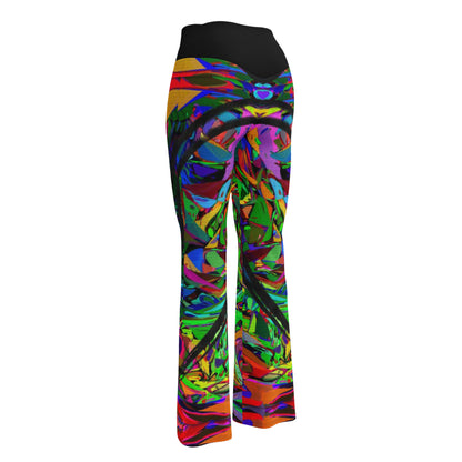 Women’s high waisted abstract flare leggings with colorful neon streetwear print – Hipyfi Neon Mythos design. Back-5