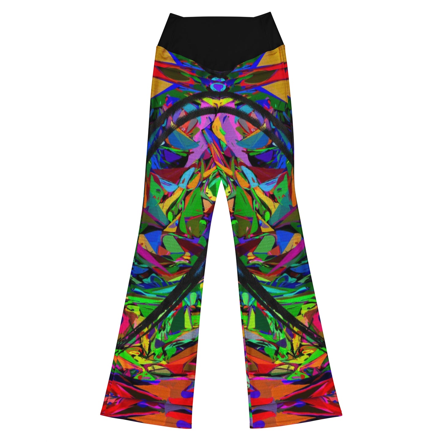 Women’s high waisted abstract flare leggings with colorful neon streetwear print – Hipyfi Neon Mythos design. Back-4
