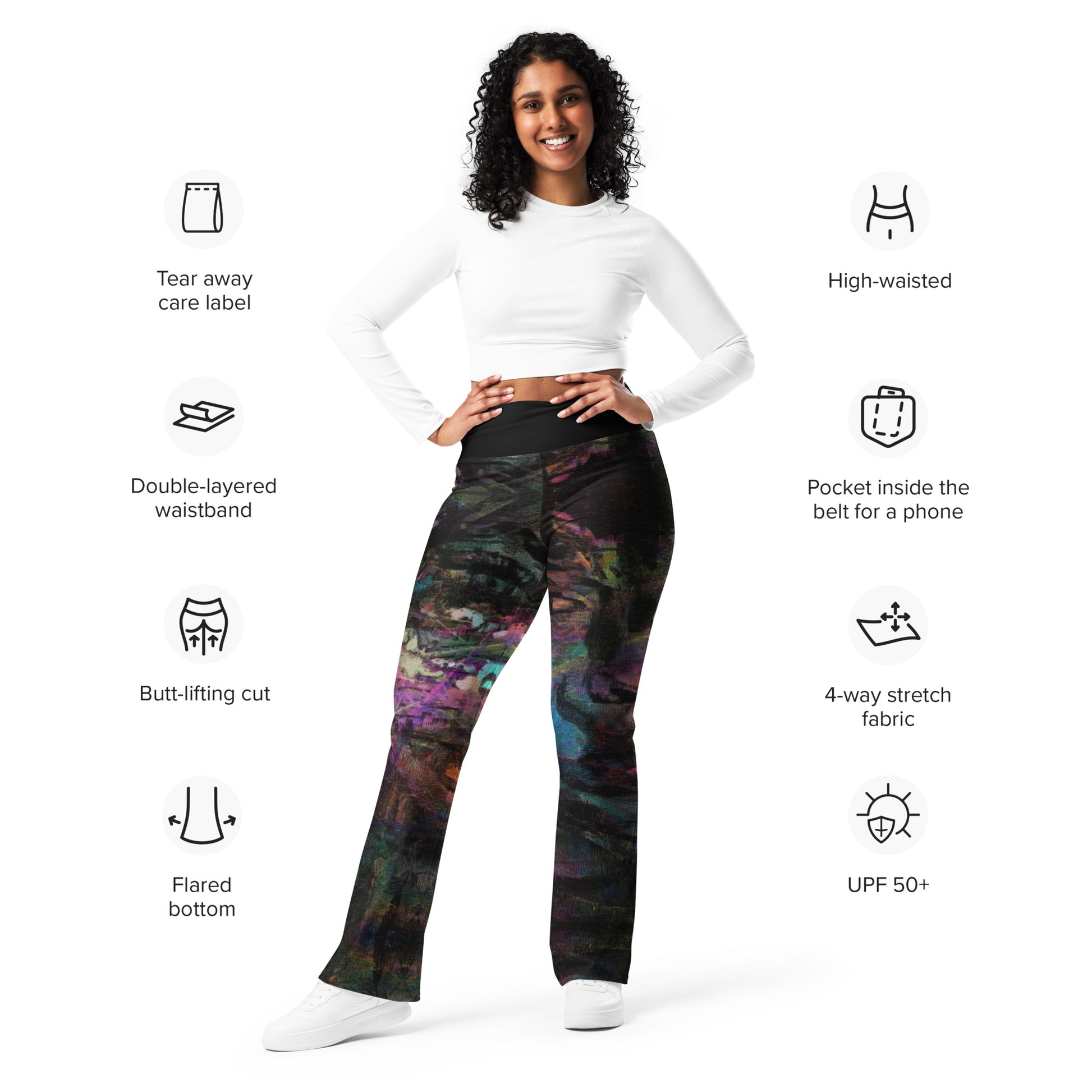 Chromatic Dreams Flare Leggings: high-waisted, vibrant abstract print, recycled fabric. Butt-lifting fit with flared legs and UPF 50+ by Hipyfi. product-info