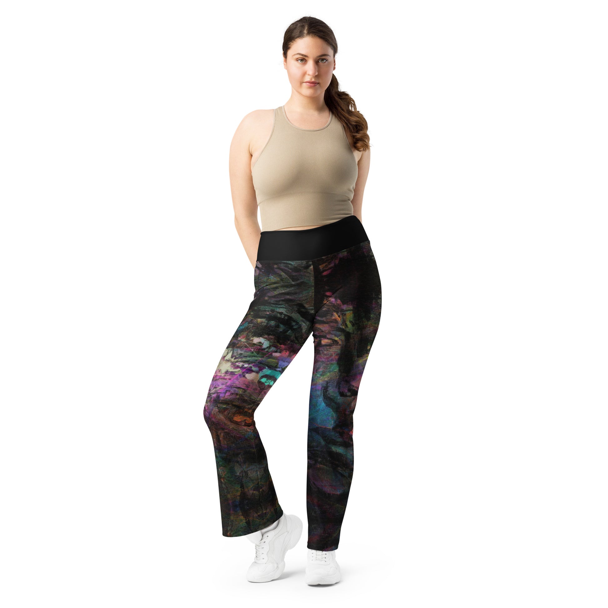 Chromatic Dreams Flare Leggings: high-waisted, vibrant abstract print, recycled fabric. Butt-lifting fit with flared legs and UPF 50+ by Hipyfi. front-4