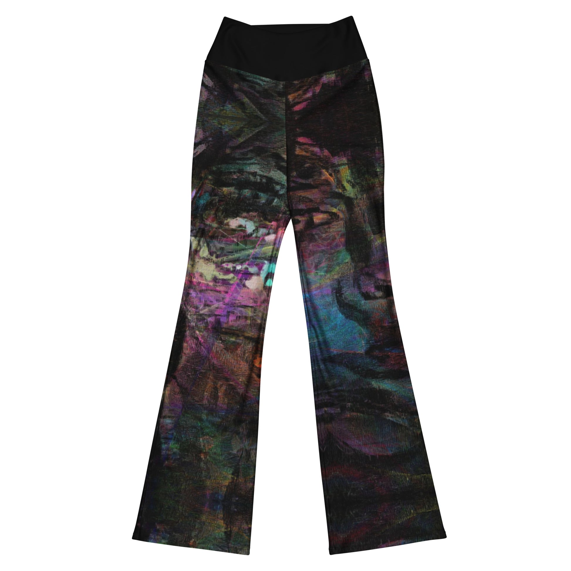 Chromatic Dreams Flare Leggings: high-waisted, vibrant abstract print, recycled fabric. Butt-lifting fit with flared legs and UPF 50+ by Hipyfi. front-6