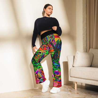 Women’s high waisted abstract flare leggings with colorful neon streetwear print – Hipyfi Neon Mythos design. Front