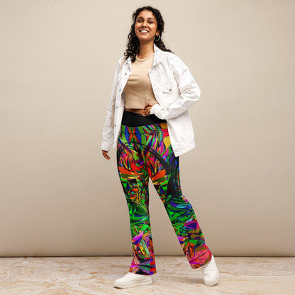 Women’s high waisted abstract flare leggings with colorful neon streetwear print – Hipyfi Neon Mythos design. Front-2